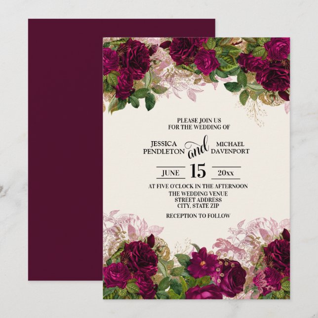 Convite Para Casamento Floral De Plum Púrpura Escu (Frente/Verso)