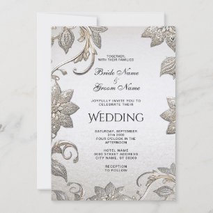 Convite para Casamento Floral de Prata Dourada