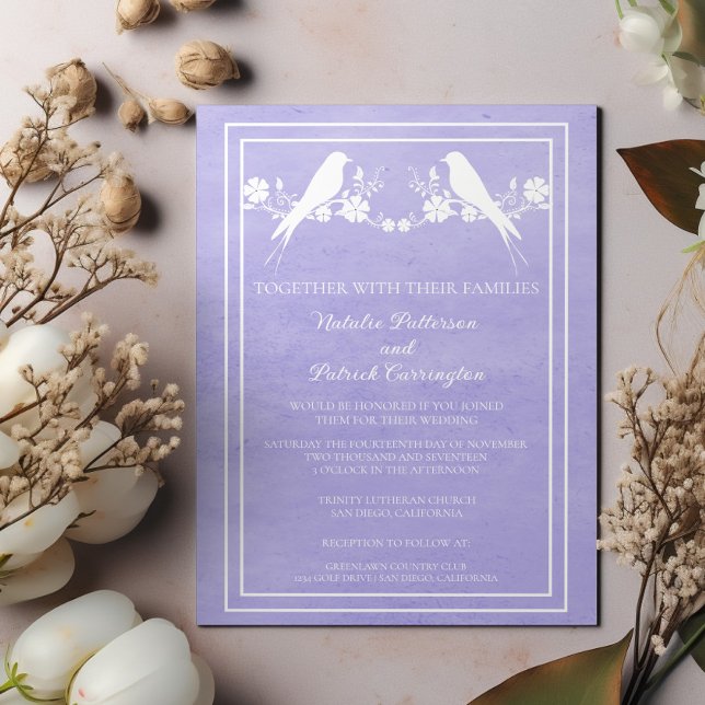 Convite Para Casamento Floral De Púrpura (Purple Lovebird Floral Wedding Invitation)