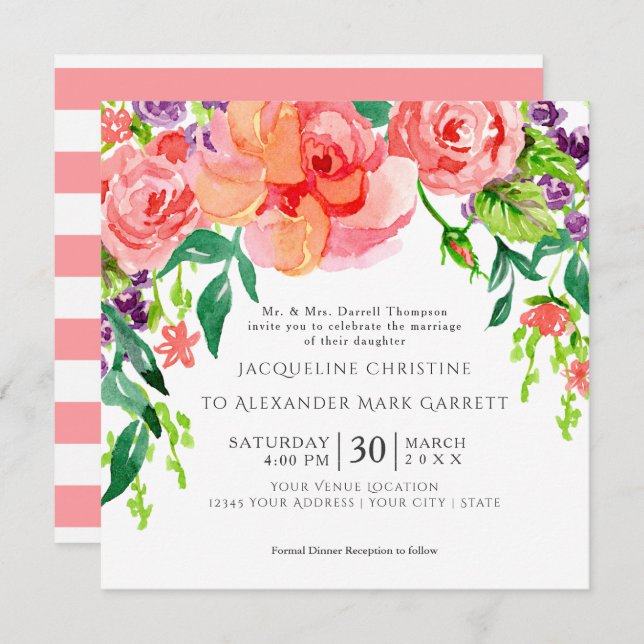 Convite para Casamento Floral de Rosa de Aquarela  (Frente/Verso)