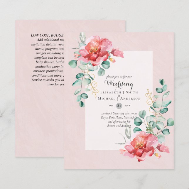 Convite para Casamento Floral de Rosa vermelha de  (Frente/Verso)