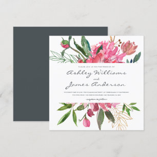 Convite para Casamento Floral de Ruby Peony   Quad