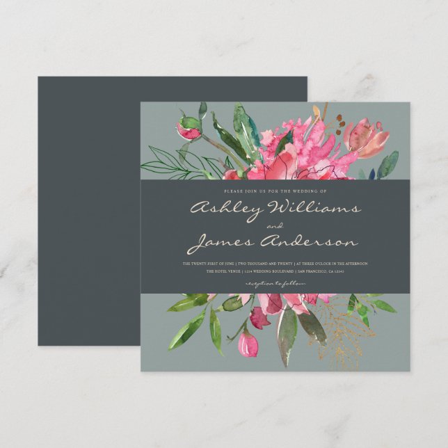 Convite para Casamento Floral de Ruby Peony | Quad (Frente/Verso)