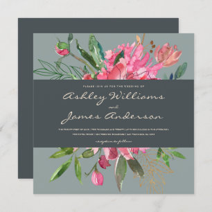 Convite para Casamento Floral de Ruby Peony Quad