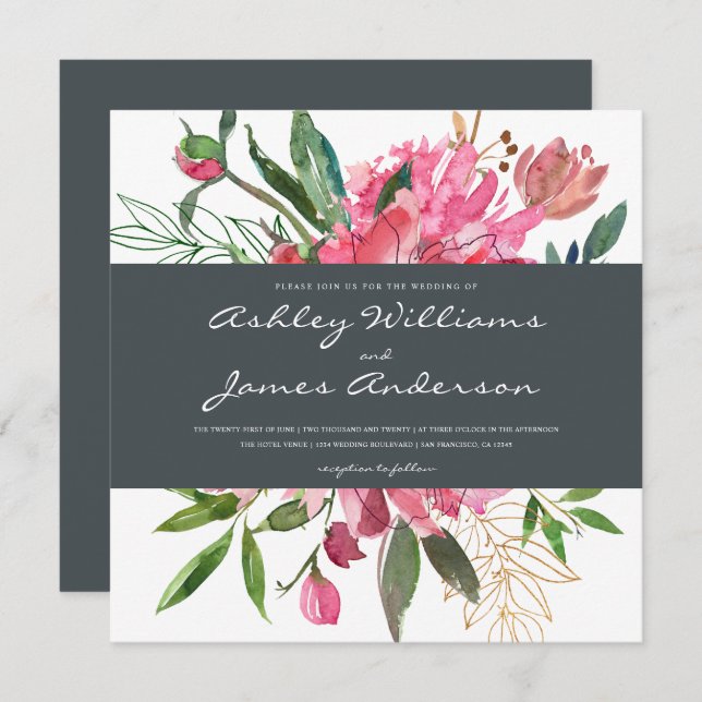 Convite para Casamento Floral de Ruby Peony | Quad (Frente/Verso)