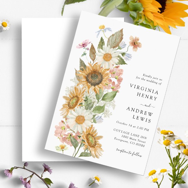 Convite para Casamento Floral de Sunflower (Elegant Sunflower Wildflower Floral Wedding Invitation by Painted Paperie
)