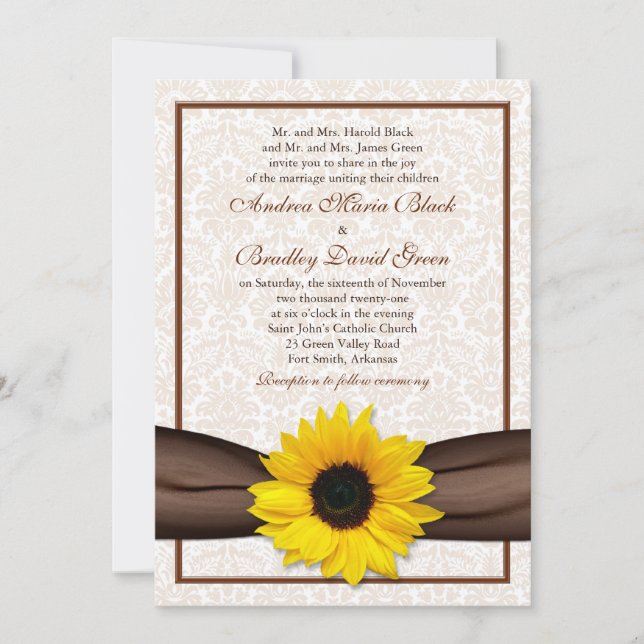 Convite para Casamento Floral de Sunflower Damask (Frente)