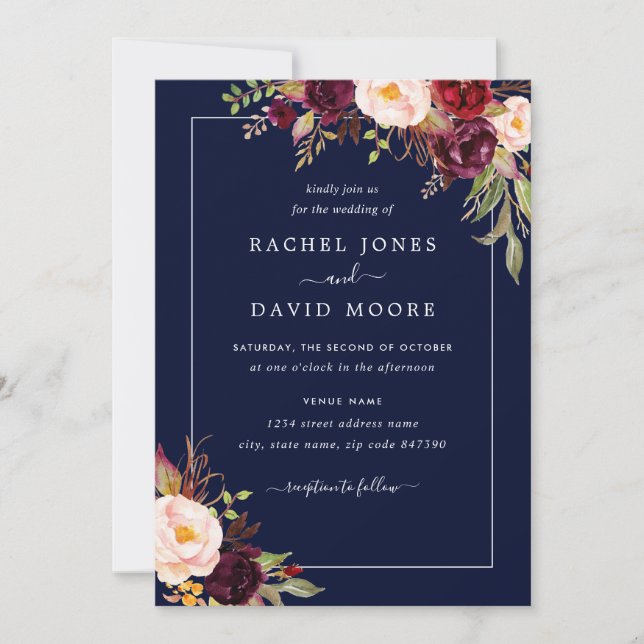 Convite para Casamento Floral do Marinho Moderno (Frente)