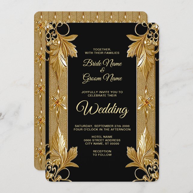 Convite para Casamento Floral do Ornamentado Negro (Frente/Verso)