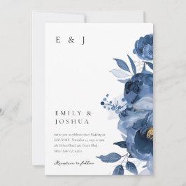Convite para Casamento Floral Dourado Azul-Escuro