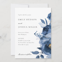 Convite para Casamento Floral Dourado Azul-Escuro