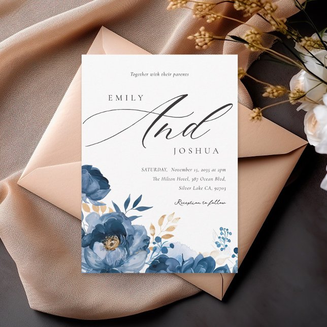 Convite para Casamento Floral Dourado Azul-Escuro (Criador carregado)
