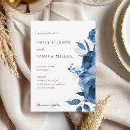 Convite para Casamento Floral Dourado Azul-Escuro