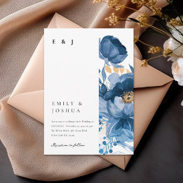 Convite para Casamento Floral Dourado Azul-Escuro