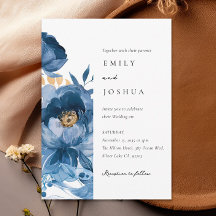 Convite para Casamento Floral Dourado Azul-Escuro