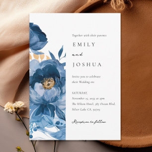 Convite para Casamento Floral Dourado Azul-Escuro