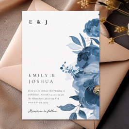 Convite para Casamento Floral Dourado Azul-Escuro