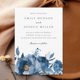 Convite para Casamento Floral Dourado Azul-Escuro