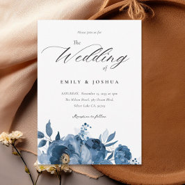 Convite para Casamento Floral Dourado Azul-Escuro