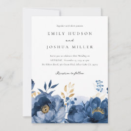 Convite para Casamento Floral Dourado Azul-Escuro