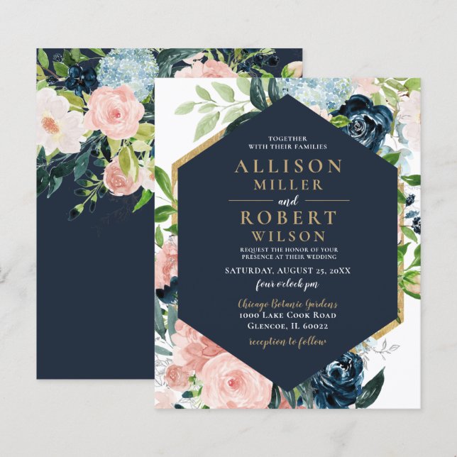 Convite para Casamento Floral Dourado Blush de Mar (Frente/Verso)