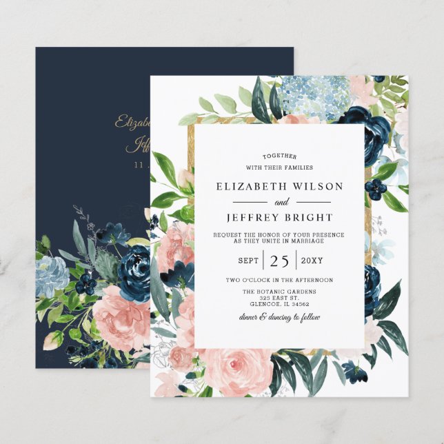 Convite para Casamento Floral Dourado Blush de Mar (Frente/Verso)