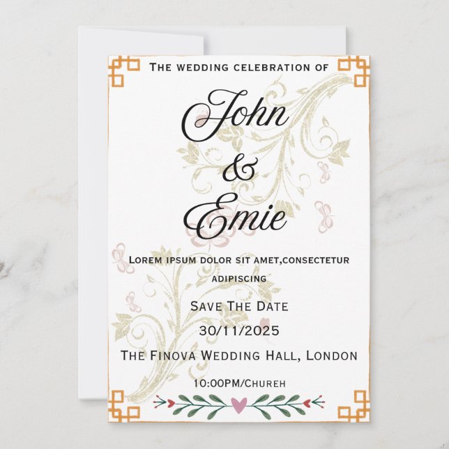 Convite para Casamento Floral Dourado de Luxo (Frente)