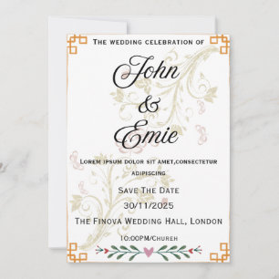 Convite para Casamento Floral Dourado de Luxo