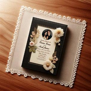 Convite para Casamento Floral Dourado e Preto Eleg