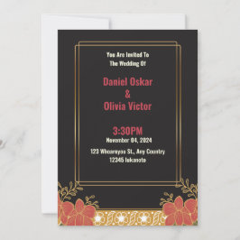 Convite para Casamento Floral Dourado e Preto Eleg