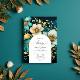 Convite para Casamento Floral Dourado e Teal