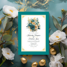 Convite para Casamento Floral Dourado e Teal