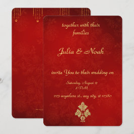 Convite para Casamento Floral Dourado e Vermelho E
