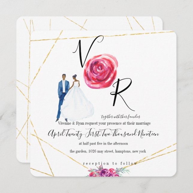 Convite para Casamento Floral Dourado Elegante (Frente/Verso)