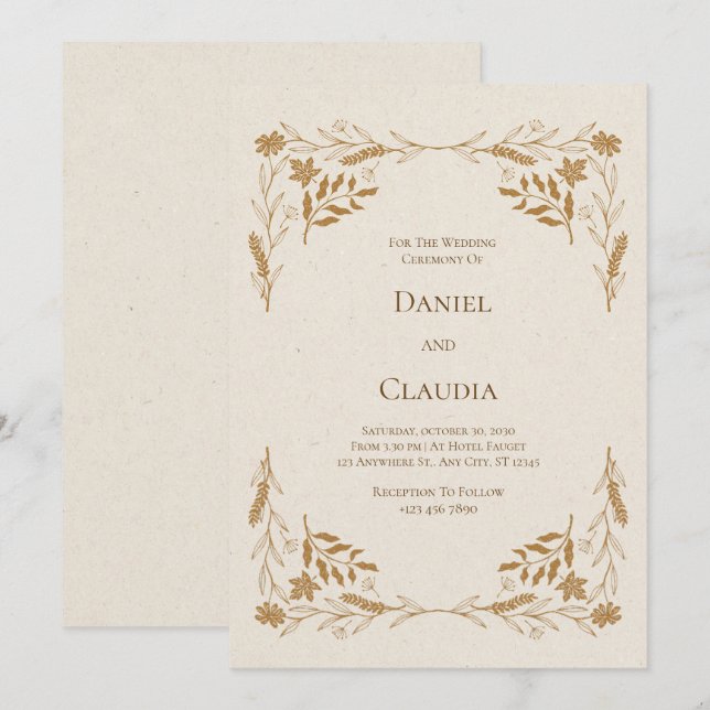 Convite para Casamento Floral Dourado Russo (Frente/Verso)