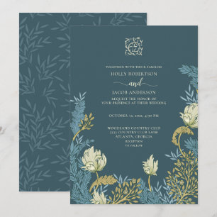 Convite para Casamento Floral Dourado Teal Blue