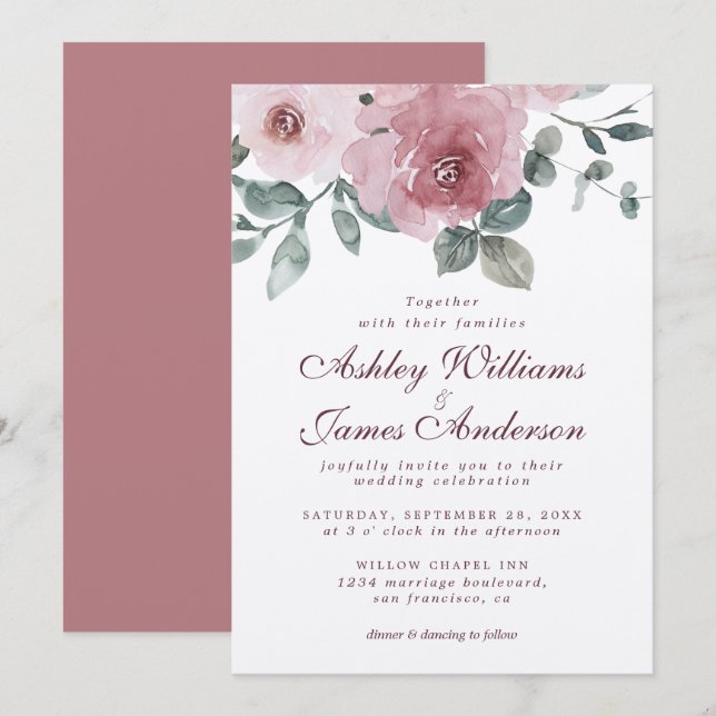 Convite para Casamento Floral Dusty Rosa Burgundy (Frente/Verso)