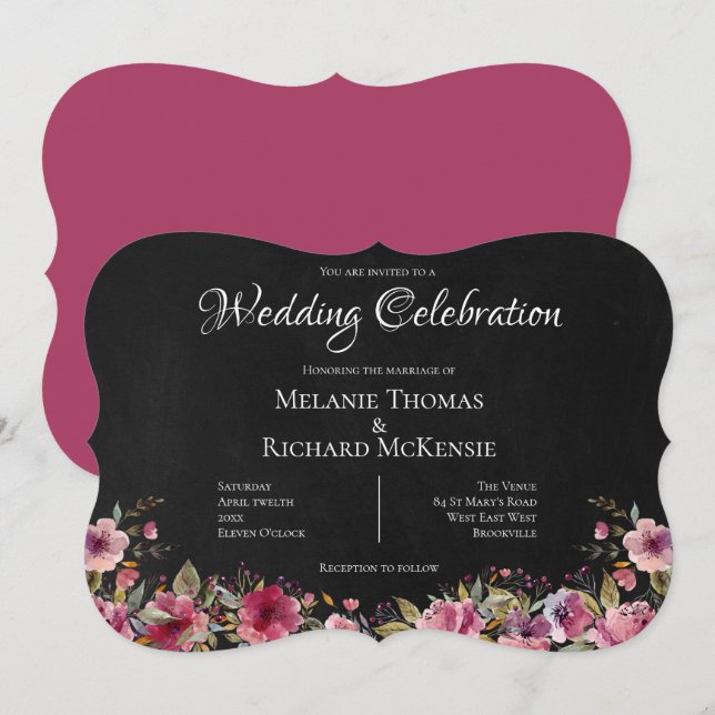 Convite para Casamento Floral e Chalkboard Rosa (Frente/Verso)