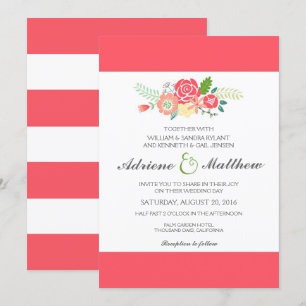 Convite para casamento Floral e Stripes/Coral