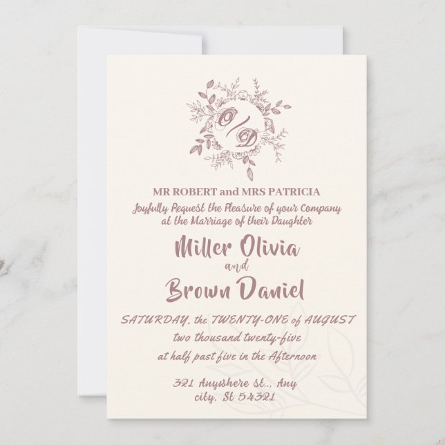 convite para casamento floral elegante de beige ca (Frente)