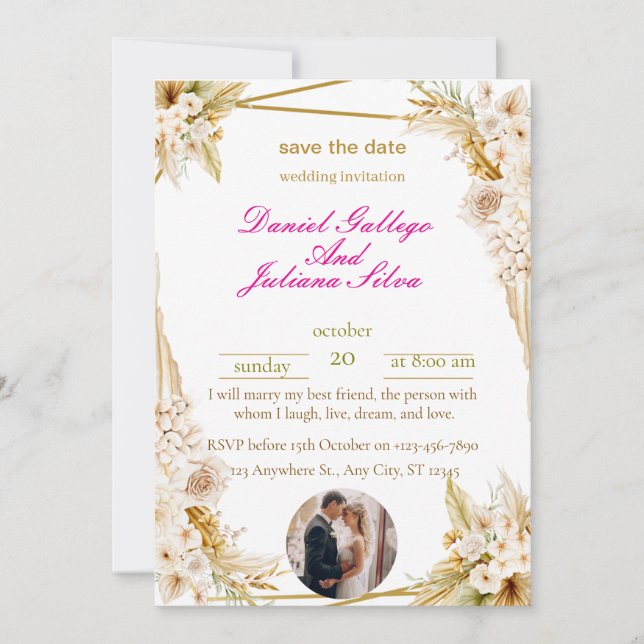 Convite para Casamento Floral Elegante Dourado e B (Frente)
