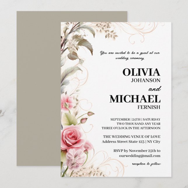 Convite para Casamento Floral Elegante Primavera (Frente/Verso)