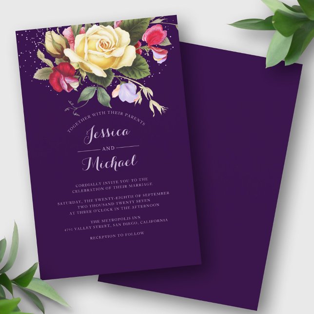Convite para Casamento Floral Elegante Roxo do Orç (Criador carregado)