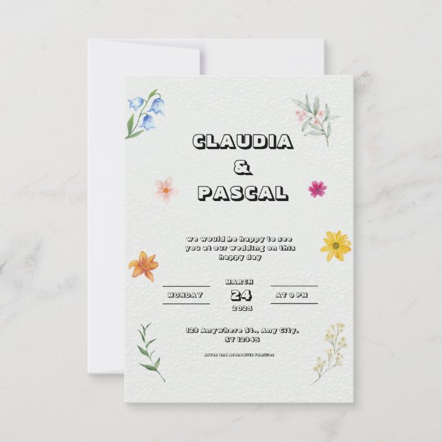 Convite para Casamento Floral Ilustrado em Beige (Frente)