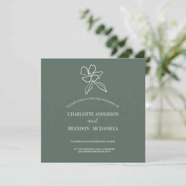 Convite para Casamento Floral Mínimo Verde Florest (Em pé/Frente)