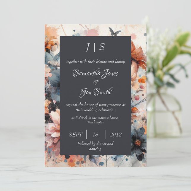 convite para casamento floral moderno azul (Em pé/Frente)