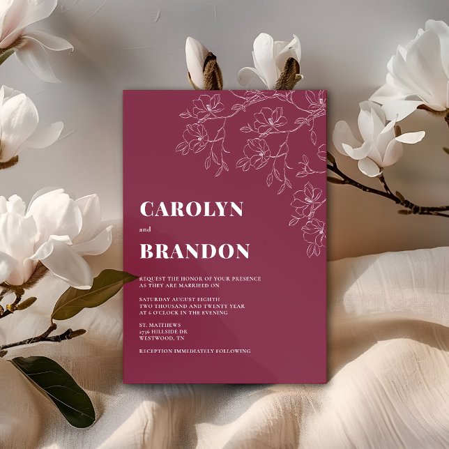 Convite para Casamento Floral Moderno de Cranberry (Modern Cranberry Floral Wedding Invitation. Change Background to any color. )