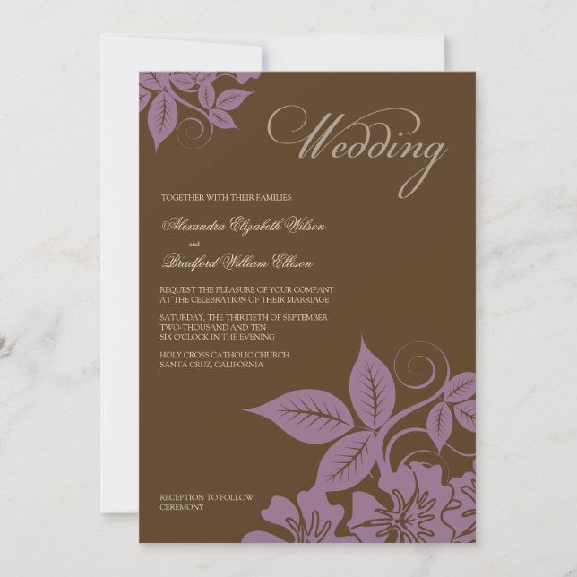 Convite para Casamento Floral Moderno Lilac/Brown (Frente)