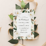 convite para casamento floral moderno magnolia<br><div class="desc">Este design apresenta um quadro Floral com flores de magnólia e texto no meio. A parte de trás azul marinho complementa bem as flores de aquarela e a folhagem verde. O texto e a cor podem ser alterados.</div>