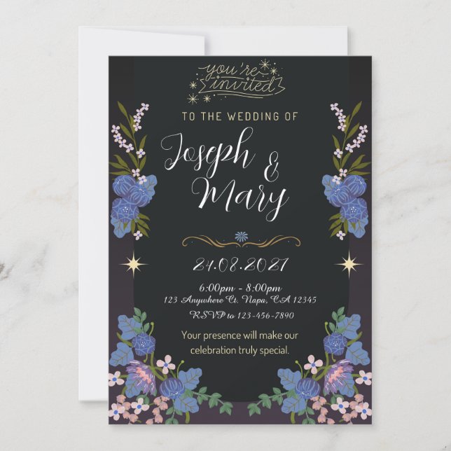 Convite para Casamento Floral Negro e Azul (Frente)